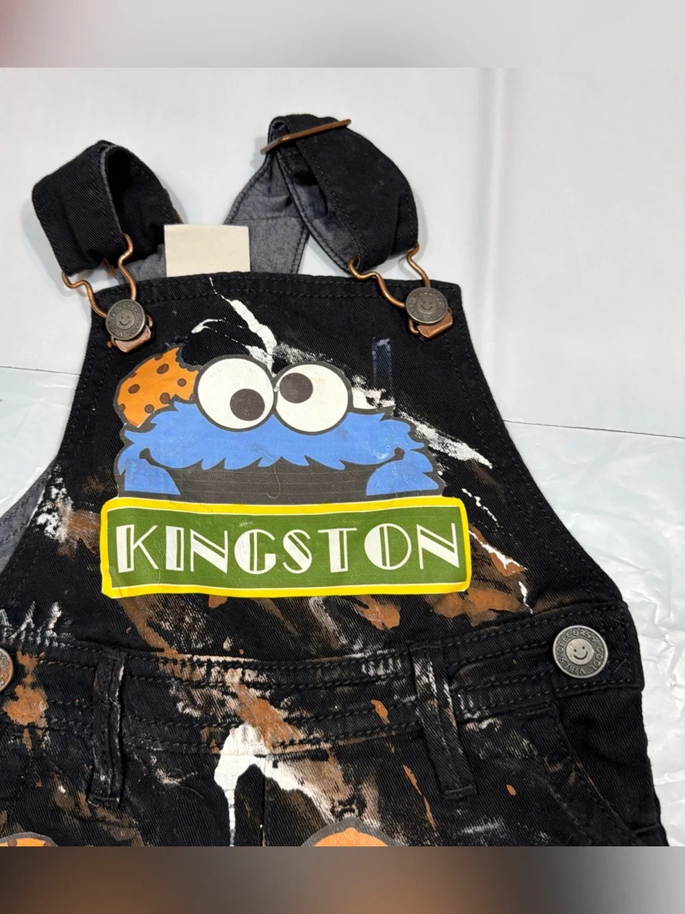OFFCORSS BLACK denim bib overall jeans white tan paint splatters COOKIE MONSTER